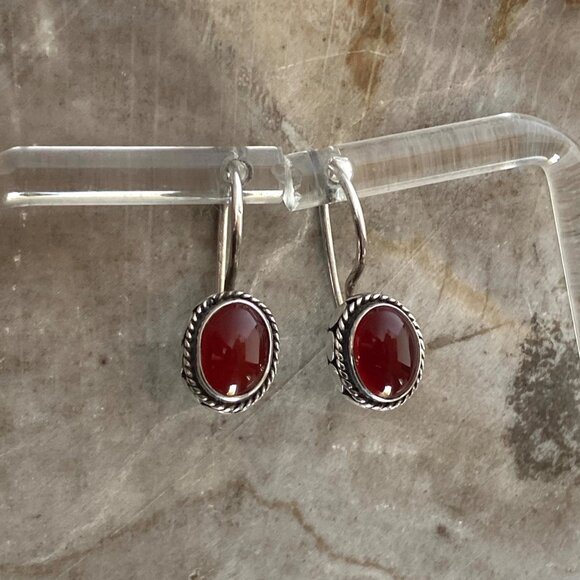 Sterling Silver 925 Oval Bezel Set Garnet Cabochon Dangle Drop Earrings - Picture 2 of 16